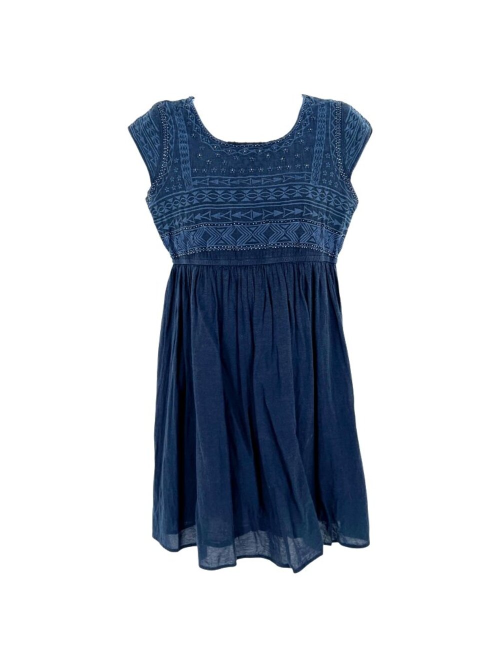 Solitaire Boho Folk Embroidered Beaded Cap Sleeve Dress Blue Size Small